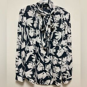 J.Crew, Navy & White Floral Blouse with Long neck Tie